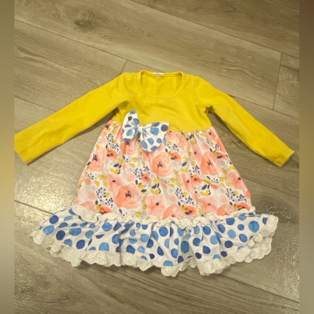Yellow Floral Long Sleeve Dress with Bow